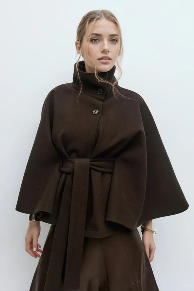 Faux Wool Blend Cloak Jacket Women StandNeck Three Button Wide Sleeves Belt Coats Female Autumn Solid Chic Fashion Outwears 251013