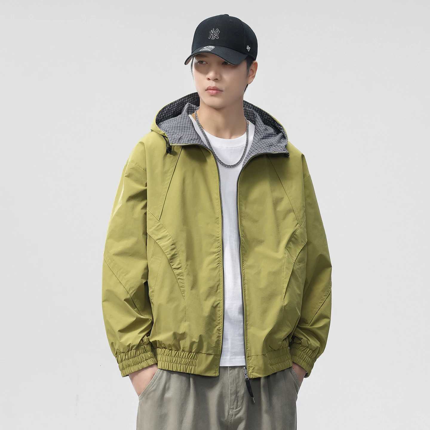 Double Sided Wearable Hooded Jacket Men Streetwear Fashion Business Causal Loose Plaid Cargo Jacket Cityboy Coat Outerwear W251023