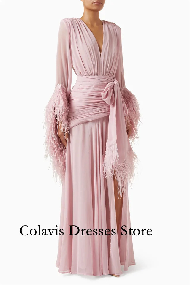Customized Deep VNeck Flare Sleeves Feather Pink Chiffon Prom Dresses Evening Dress Women Evening Gowns Formal Party Dress 251020