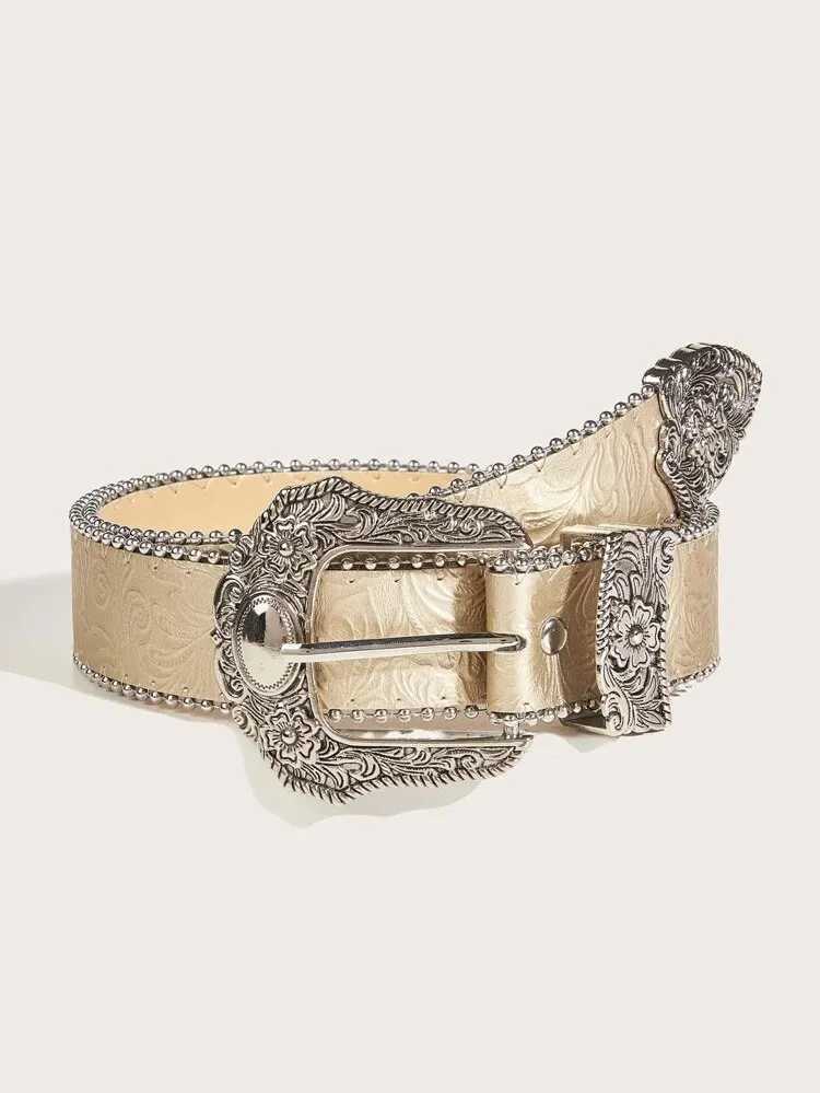 Western PU Leather Belt Western Cowboy Women Cowgirl Unisex Waist Belt with Metal Engraved BuckleXJ251023