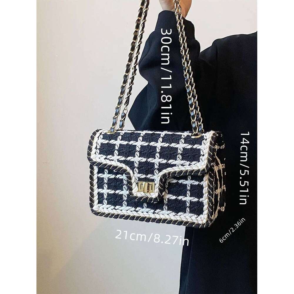 Black & White Plaid Casual Crossbody Handbag Women's Shoulder Bags Handbags With Top Handle Fashion Square Bag
