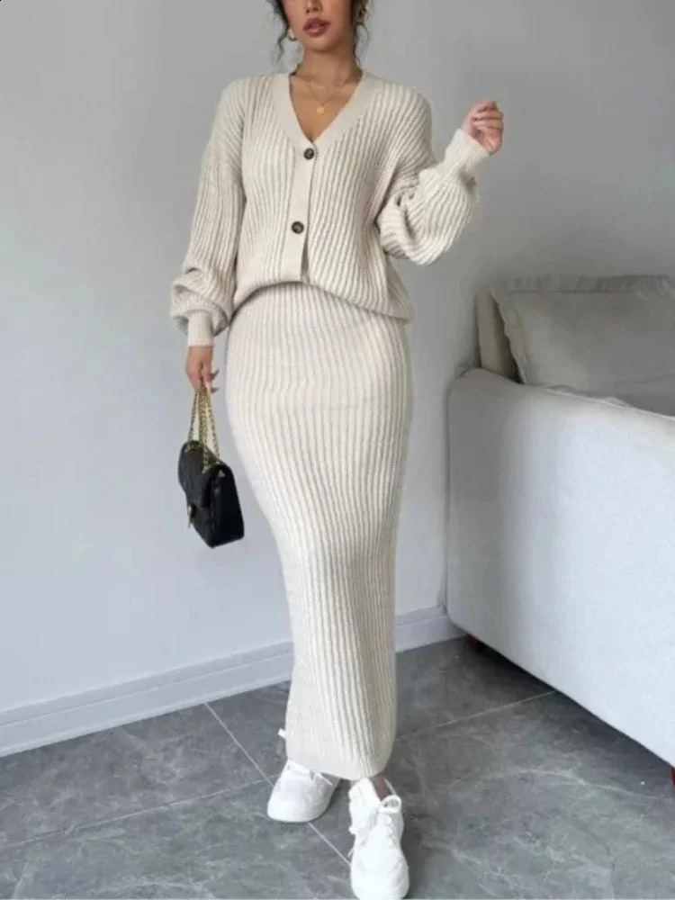 Autumn Winter Womens Loose Cardigan Two Piece Set Long Sleeved Vneck Sweater Jacket Hip Hugging Skirt Elegant Knitted 251016
