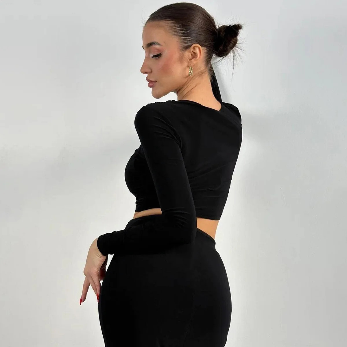 Autumn Sexy Two Pieces Set For Women Spring Solid Ruched Long Sleeve Crop Top and High Waist Bodycon Skirt Suits 251022