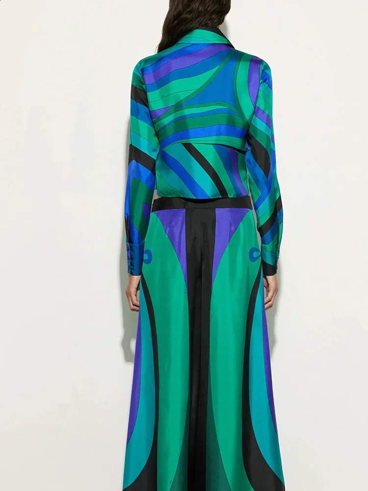 Autumn Loose Commute Outfits Elegant Crop Top Casual Two Piece Fashion Contrast Color Long Sleeve ShirtsWide Leg Pants Sets 251022