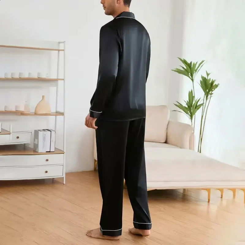Mens Satin Pajama Set Linter Lapel Collar Long Sleeve Tops Pants Sleepwear Button Down Loungewear Autumn Pyjama For Man 251021