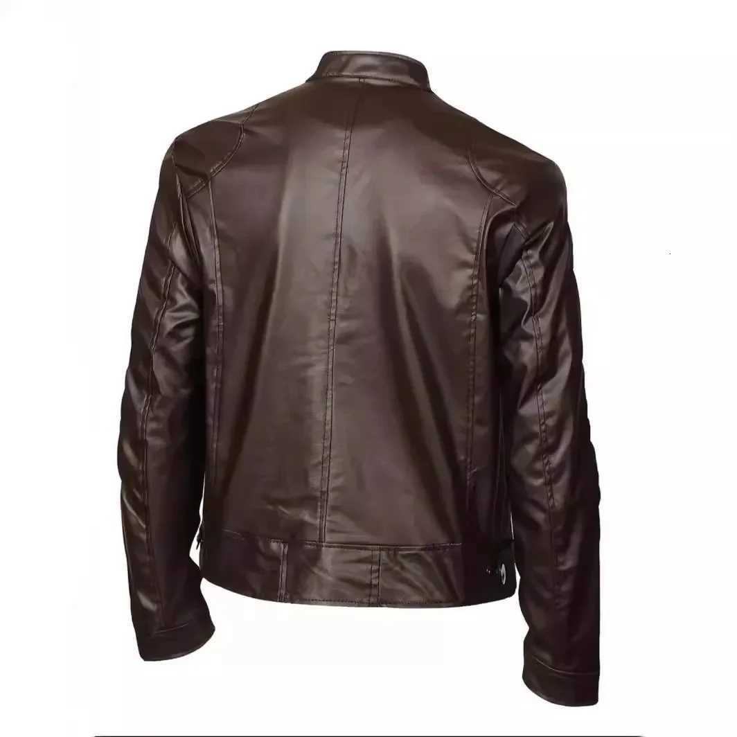 Casual Mens Biker Jacket Stand Collar Slim Fit Zipper Pocket Leather Coat Motorcycle Clothing Outerwear Fashionable Mens Wear W251023