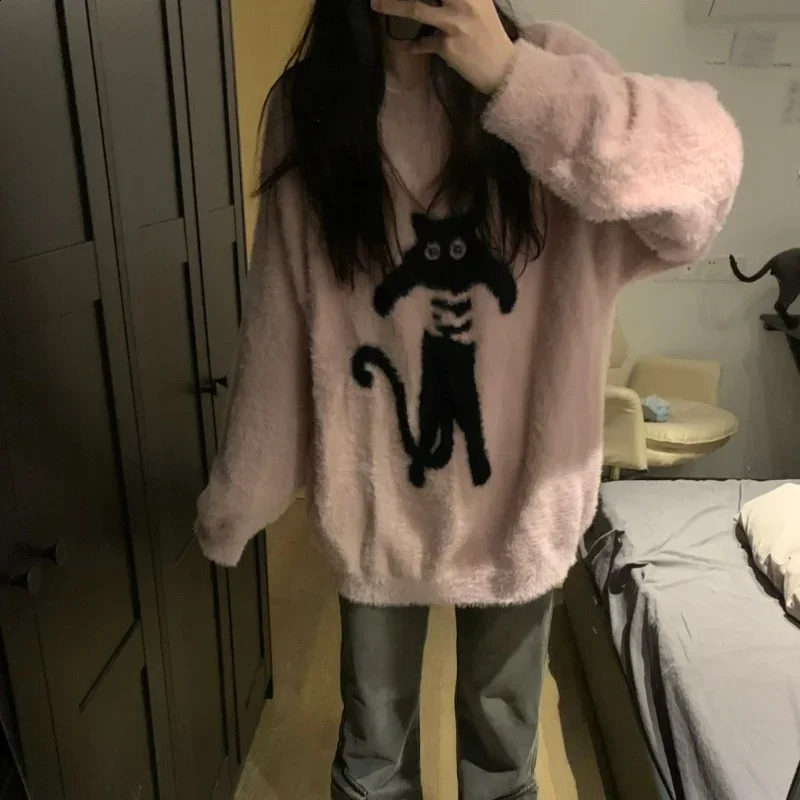 Lazy Style Pullovers Women Loose Fit Chic Cartoon Cats Allmatch Leisure College Knitted Velvet Classic Prevalent Autumn Mujer 251023
