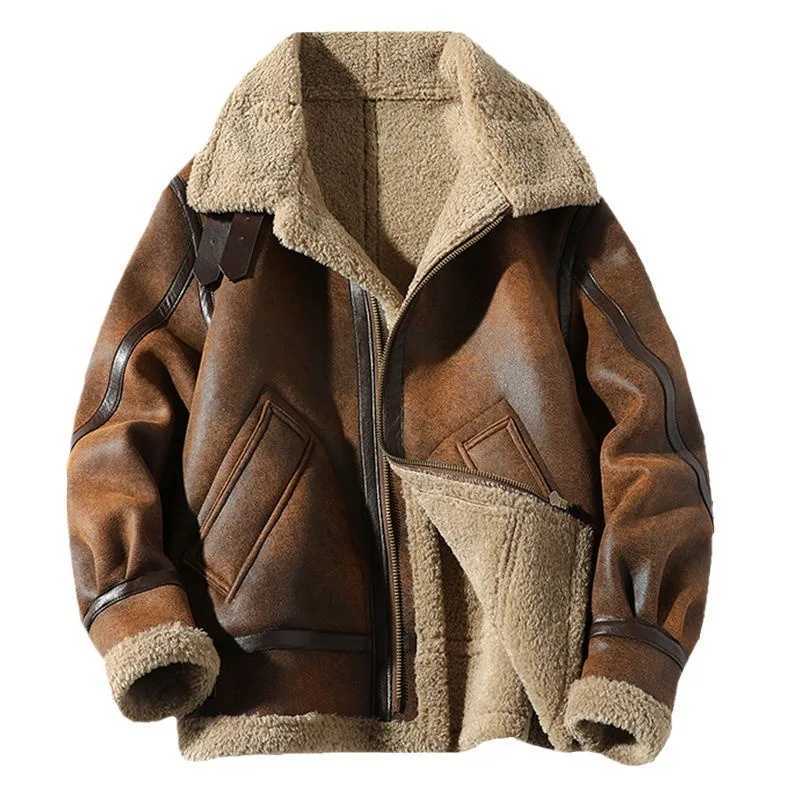 2025 New Vintage Velvet Lamb Wool Mens Jacket FleeceLined and Thickened Winter Motorcycle Leather Coat W251023