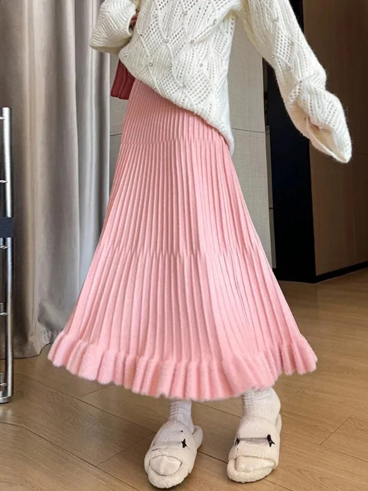 Womens Pink HighWaisted Knitted Skirt Solid Color ALine MidLength Pleated Fashion Autumn Winter 251022