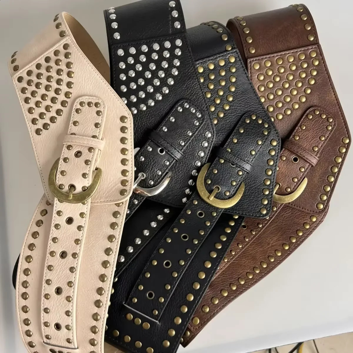 belt Vintage Punk Studded Belt Chain Y2K Metal Pu Western Cowboy Wide Waistband Waist Belts Sexy Hiphop Men Skeleton B 251013