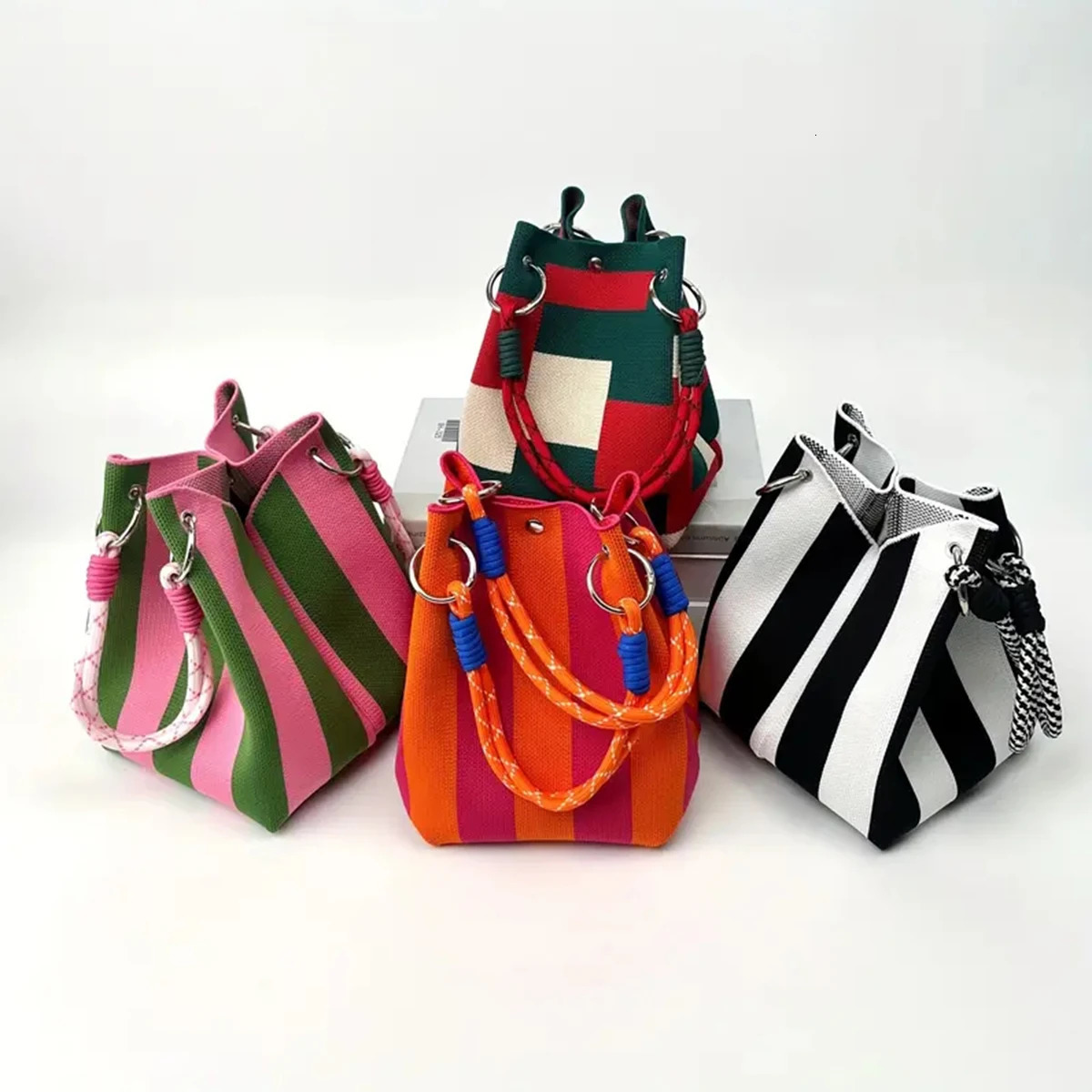 This multicolor knitted retro bucket handbag is simple and colorblocked versatile easy to carry with you 251018