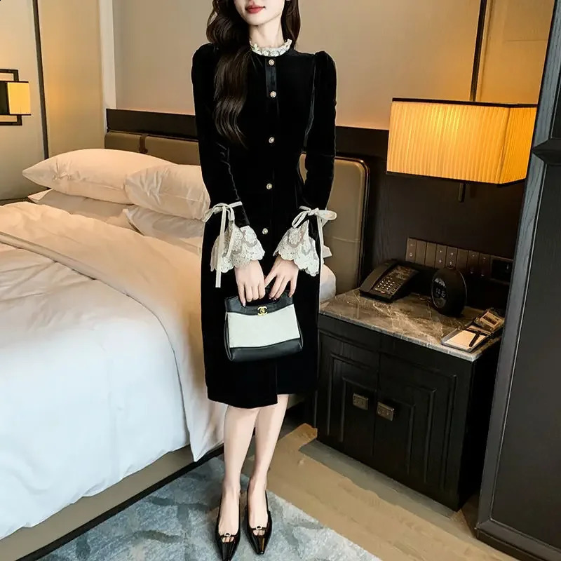 Hebon Velvet Dress Womens Sense Tweed Style Inner Base Long Autumn Small Black 251022