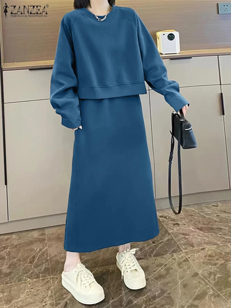 ZANZEA Fashion Women 2 Piece Outfit Autumn Long Sleeve Top Casual High Waist Skirt Sets Solid Dress Suits Tracksuits 251022