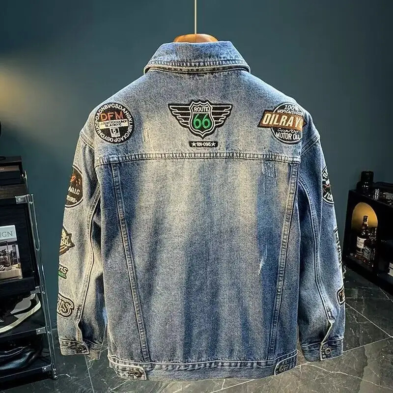 Mens Casual Embroidery Denim Jacket Oversized Plus Size Spring Autumn Coat Youth Fashion Hong Kong Style Workwear Top 251017