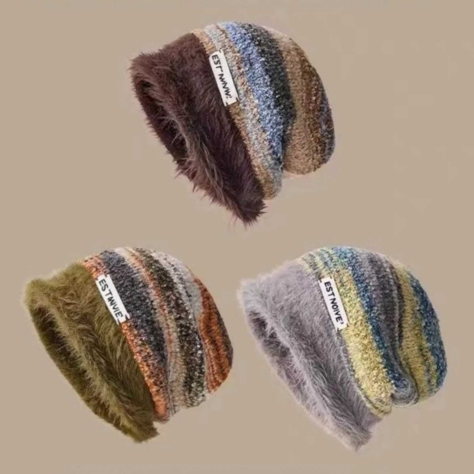 1PC Furry Knitted Beanie Hat Warm Striped Winter Cap Trendy Casual Headwear For Women Cross Border Fashion AccessoryXJ251023