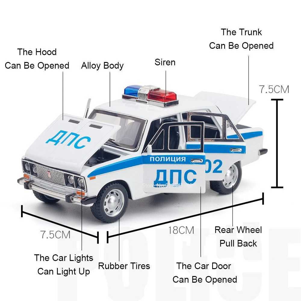 124 Lada 2106 Police Alloy Car Model Metal Diecast Toys with Pull Back Sound and Light Simulation Vehicles for Children GiftsT251023