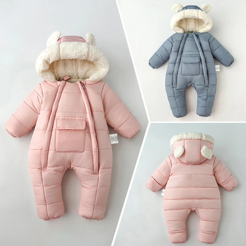 30 Winter Baby Boys Girls Rompers Solid Color Berber Fleece Lining Thick Warm Hooded Bodysuit For Kids One Piece Overalls 251023