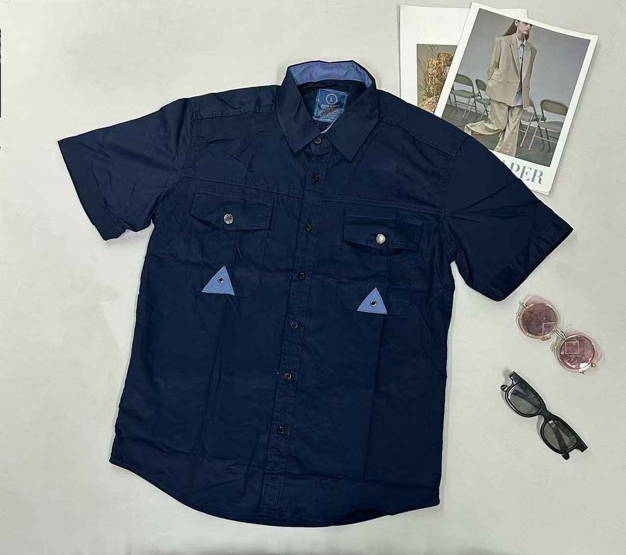 Men's Loose Short-Sleeve Shirt, Pocket Decoration with Contrast Color Triangle, Casual Button-Down, Breathable for Summer - NO19