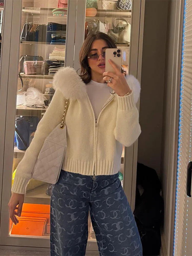 Chic Fur Collar Cropped Jacket Coat Hooded Knitted Sweater Women Casual Solid Autumn Zipup Outerwear High Street Outfit 251022