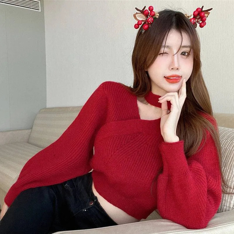 Womens Neck Hanging Solid Sweater Warm Pullover Sweater Vneck Cross Neck Off Shoulder Knitwear Tops 251023