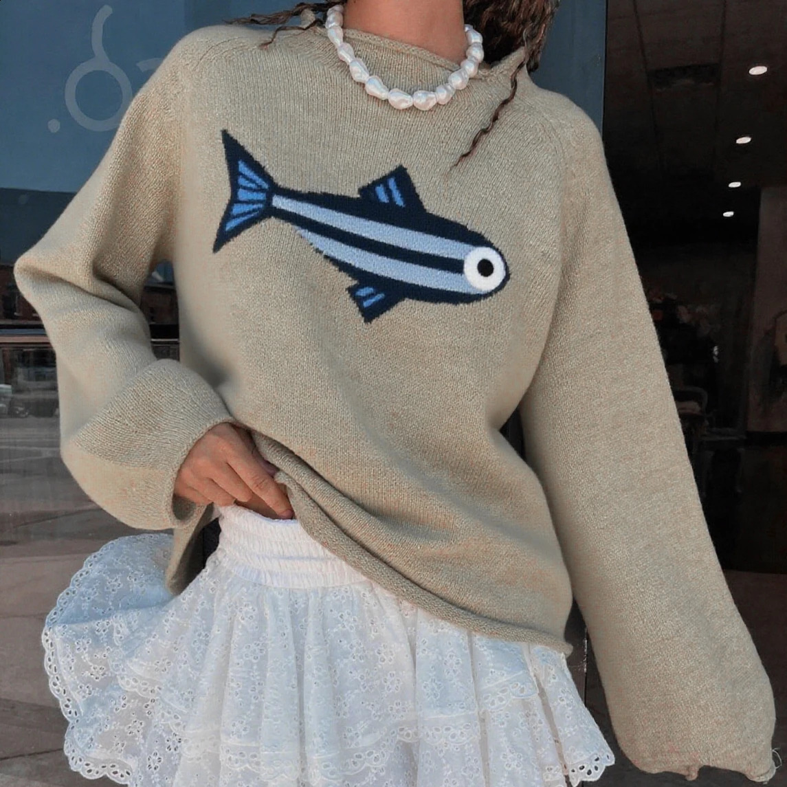 Collection Sardine Knitted Sweater Light Green With Fish Pattern Women Pullover For Casual Wear 251023