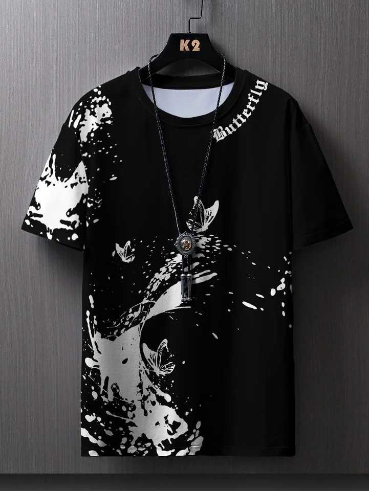 Fashionable casual mens butterfly and splash ink printed Tshirt comfortable breathable quick drying short sleeved TshirtXJ251023