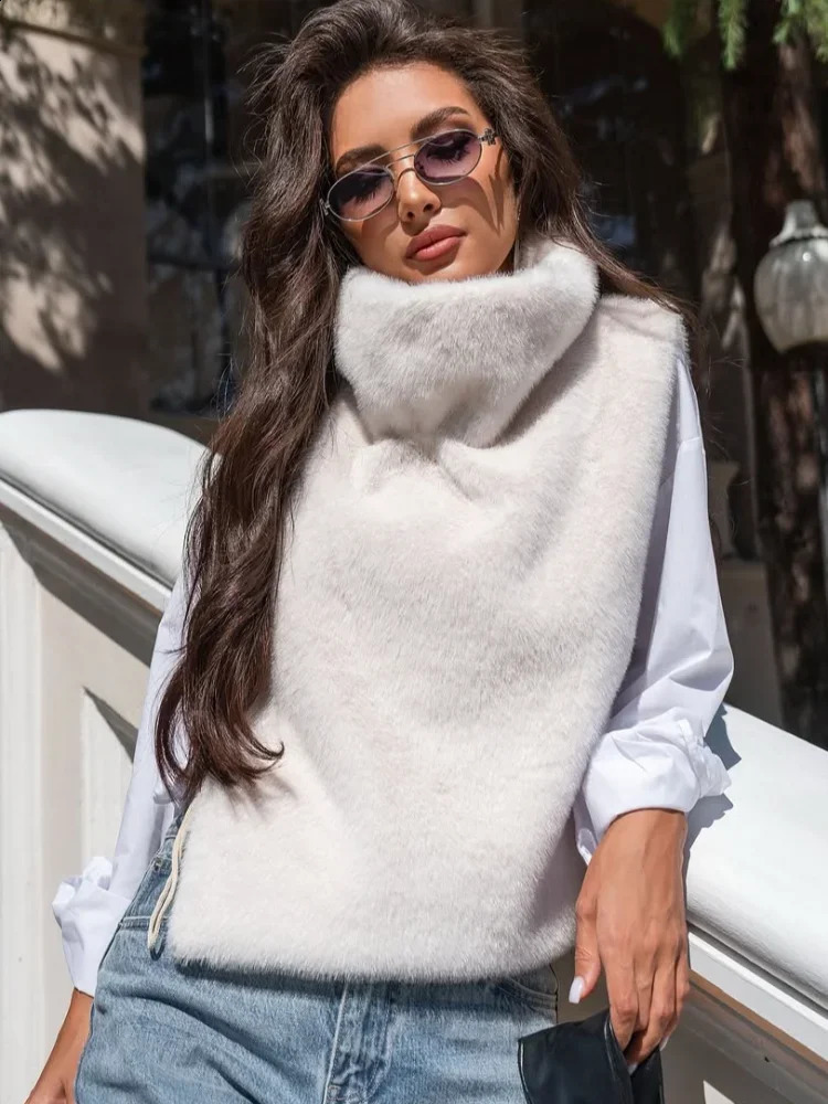 Women Solid Thickened Fur Jackets Fashion Pink High Neck Sleeveless Loose Short Coat Autumn Chic High Street Lady Outerwear 251013