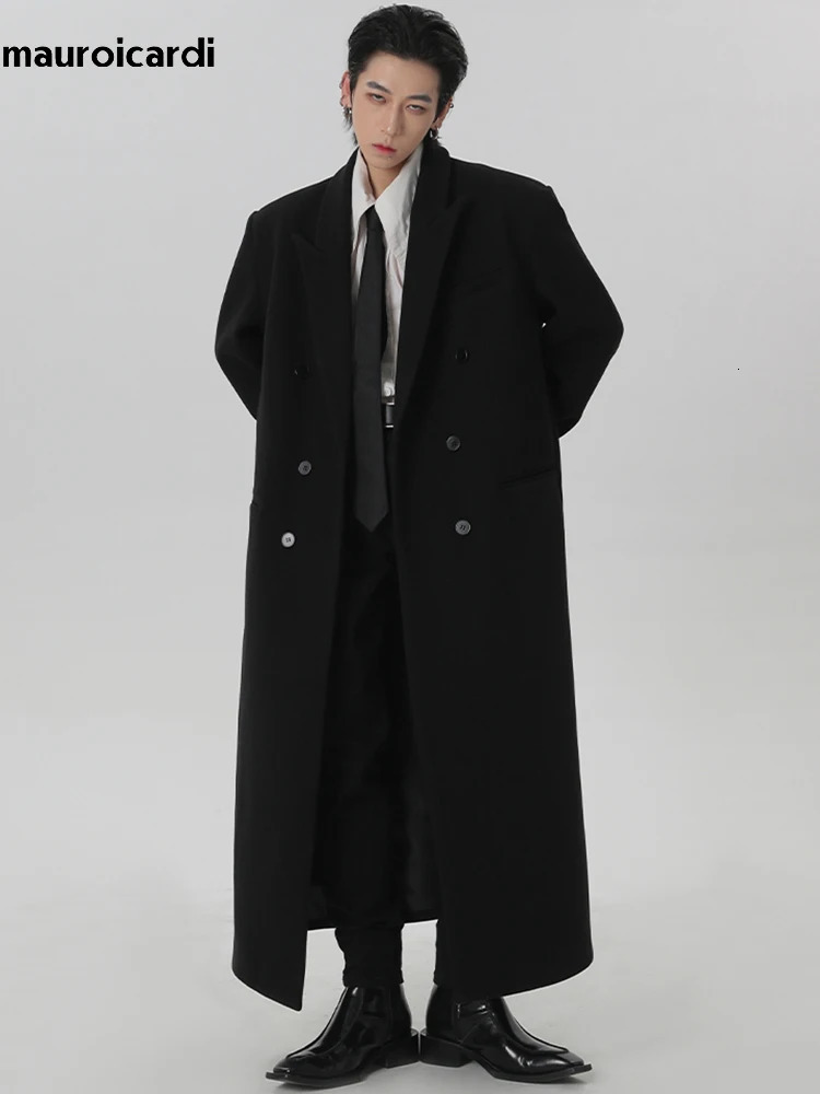 Mauroicardi Autumn Winter Extra Long Black Oversized Warm Wool Blends Coat Men Shoulder Pads Double Breasted Outerwear 251016