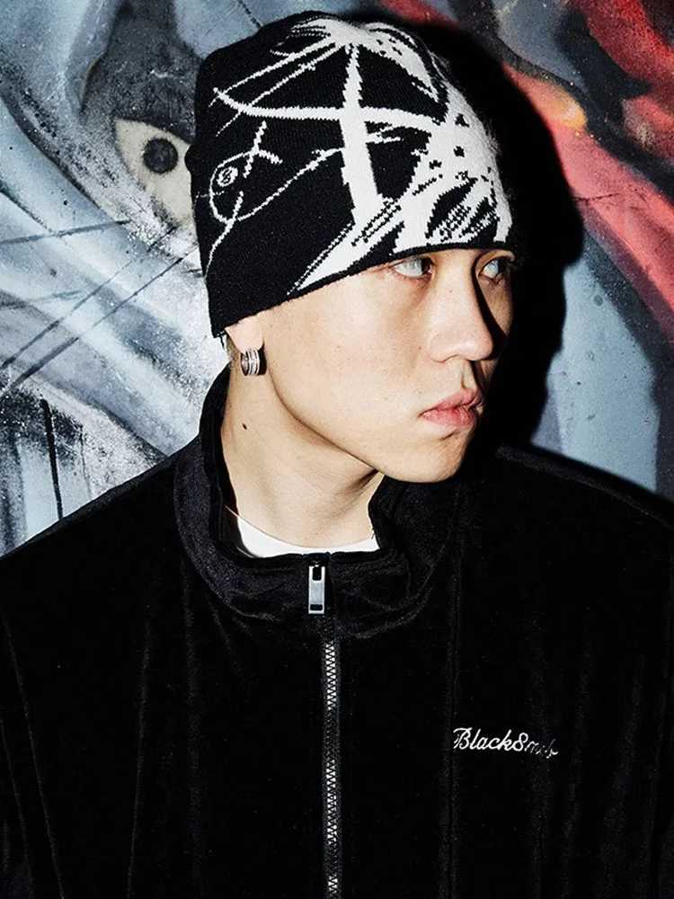 Mens Hat Beanie Y2k Knitted Gothic Hip Hop Harajuku Streetwear Wool Winter Korean Fashion Pullover Jacquard Unisex AccessoriesXJ251023
