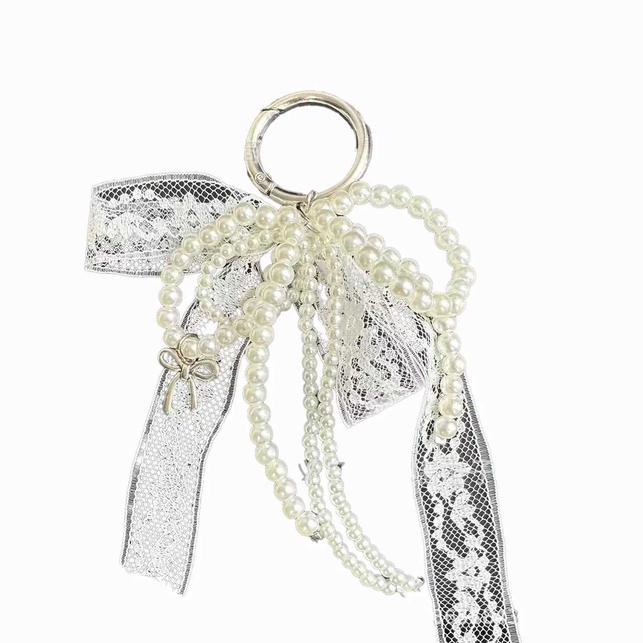 Sweet Handmade White Beaded Bowknot Lace Bag Charms Pendant Keychain Exquisite Backpack Keyring Decoration Fashion Accessories Z251023