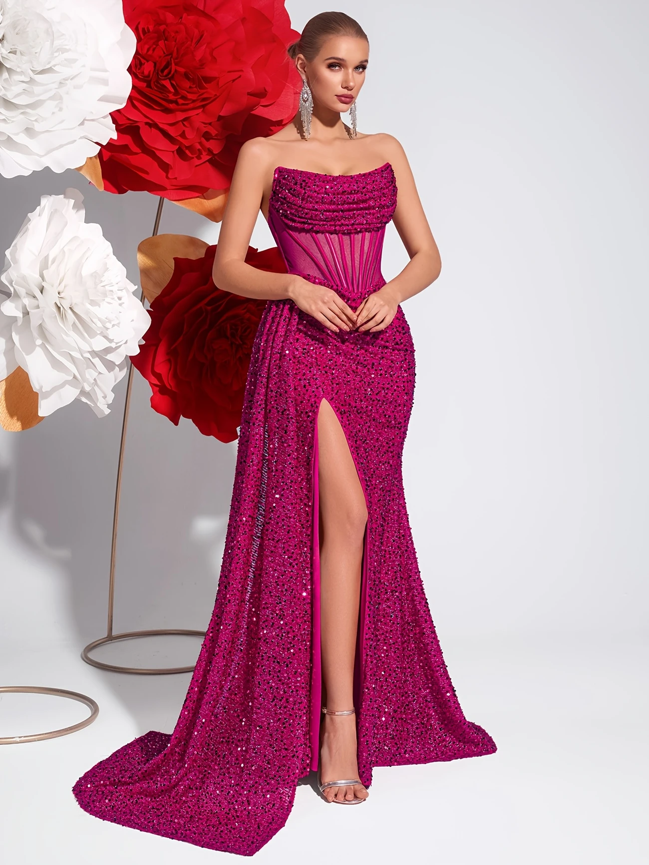 Women's Mememe Brand Sequin Evening Dress with Side Slit & Sheer Mesh, Glamorous Elegant Formal Gown (S-XL, Black/Rose Red/Red/Cyan)-D376