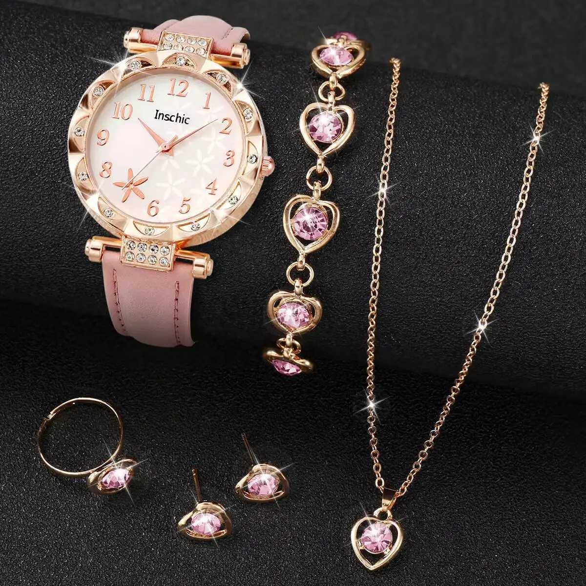 6PCSSet Fashion Flowers Dial Womens Quartz Watch Leather Band Watches Rhinestone Jewelry SetWithout BoxL251023
