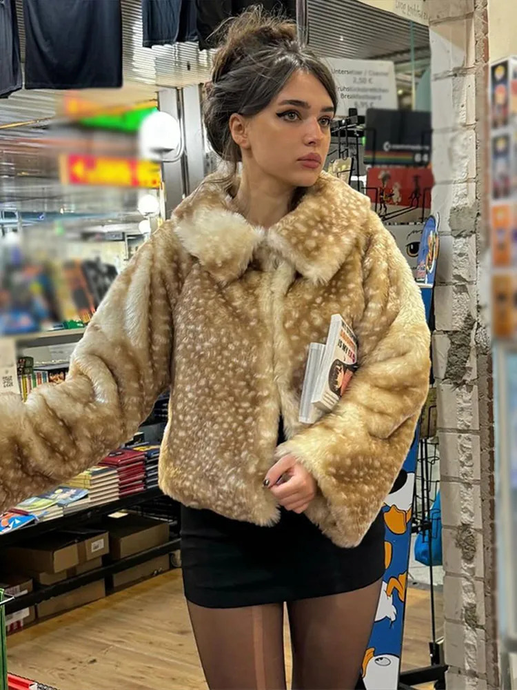 Fashion Faux Fur Plush Short Coat Womens Stylish Turndown Collar Full Sleeves Cropped Overcoat Autumn Winter Lady Top 251022