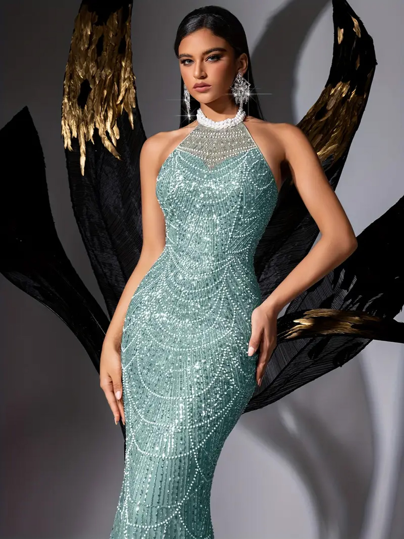 Women's Mememe Brand Pearl Halter Sequin Mermaid Evening Dress, Slim-Fit Glamorous Formal Gown (S-XL, Light Purple/Emerald Green)-D381