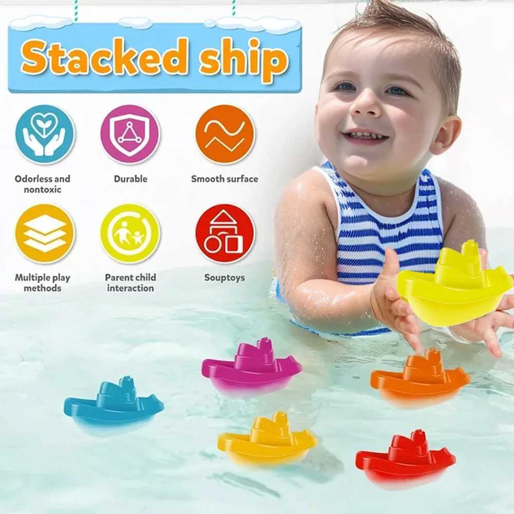 Baby Bath Toys Stacking Boat Spoons Toys Early Education Intelligence Gift Rainbow Color Stacked Cup Folding Tower Baby Toy J251023