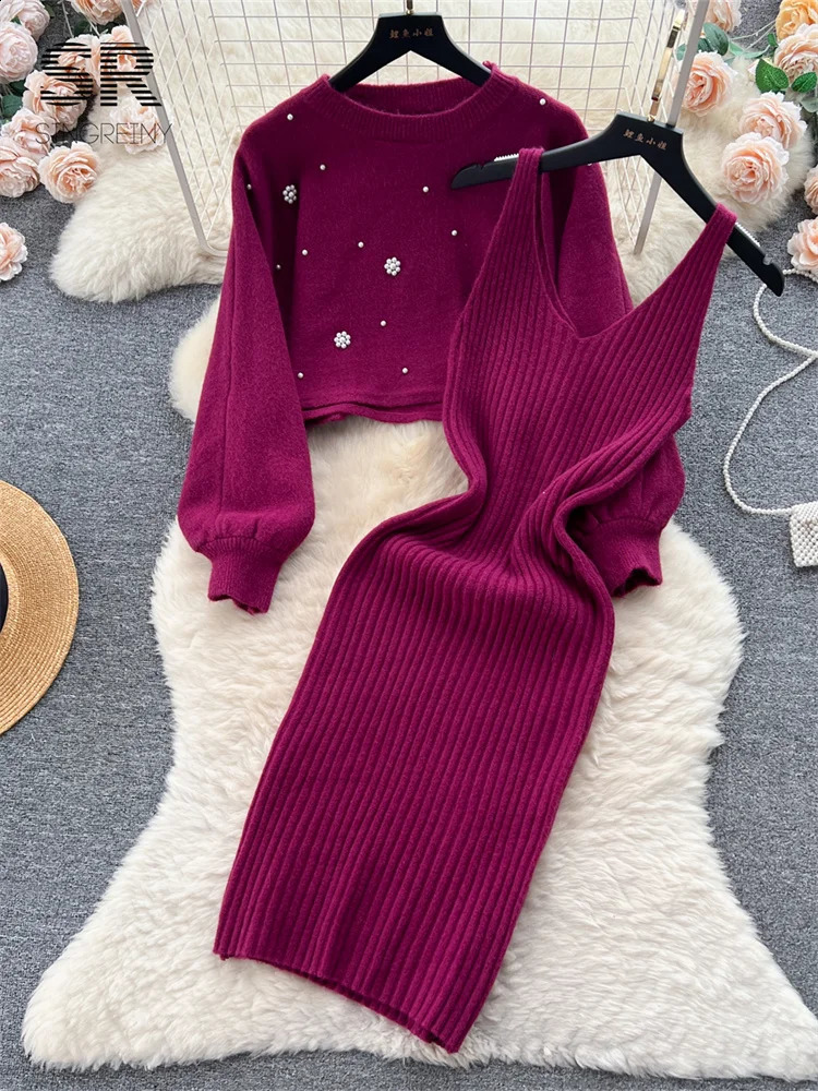 SINGREINY Beading Casual Two Piece Set Women Long Sleeve O Neck Pullover Midi Dress Fashion Winter Sweater Suit Dresses 251022