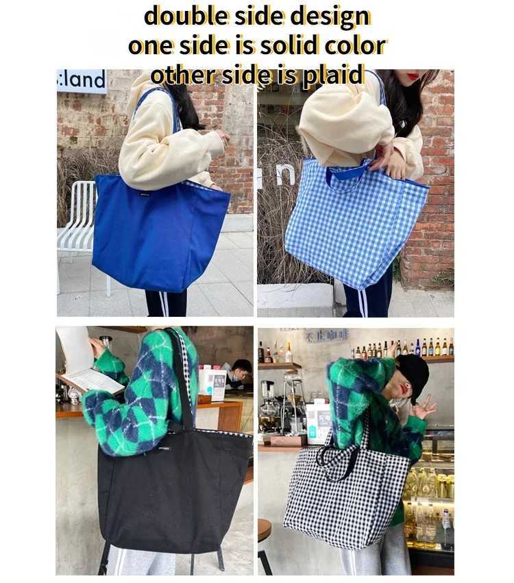 Simple Plaid Women Double Side Shoulder Bag Student Female Casual Tote Handbags Large Capacity Ladies Eco Reusable Shopping BagsL251023