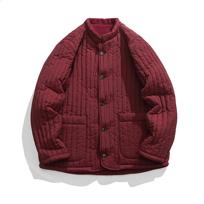 Vintage Quilted Cotton Parkas Mens Solid Color Standing Collar Coats Chinese Style Harajuku Plush Couple Jacket Wear Both Sides 251013