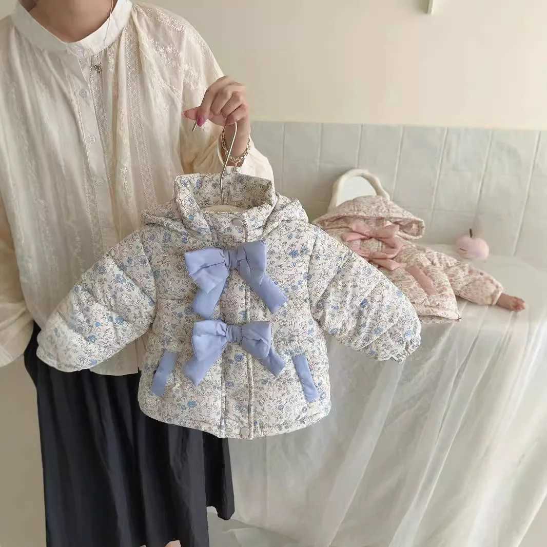 2024 New Children Velvet Cold Proof Cotton Jacket Winter Fashion Baby Floral Winter Butterfly Bow Hooded Coat Y251023