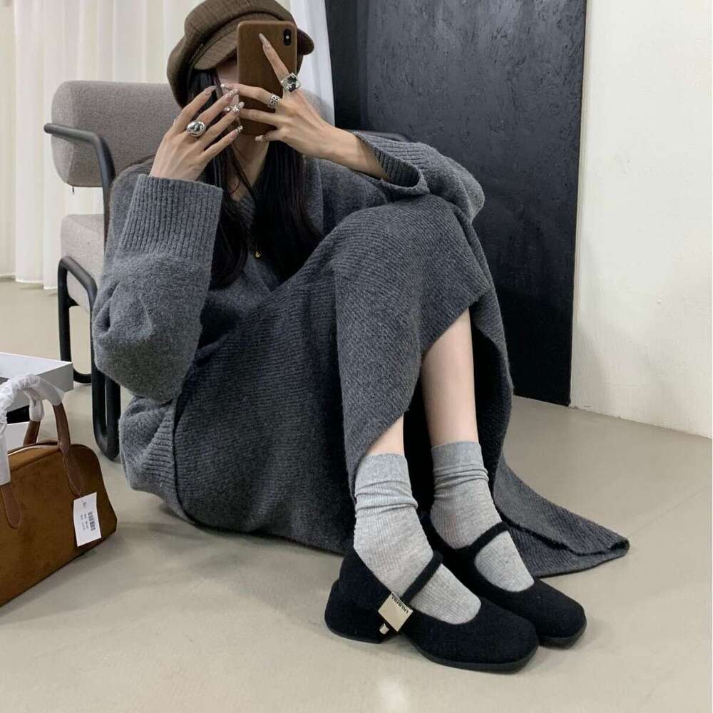 2025 Autumn Winter New Women's Thick Mid-Heel One-Strap Buckle Lamb Wool Square Toe Fleece-Lined Mary Jane Shoes Warm Stylish Designer