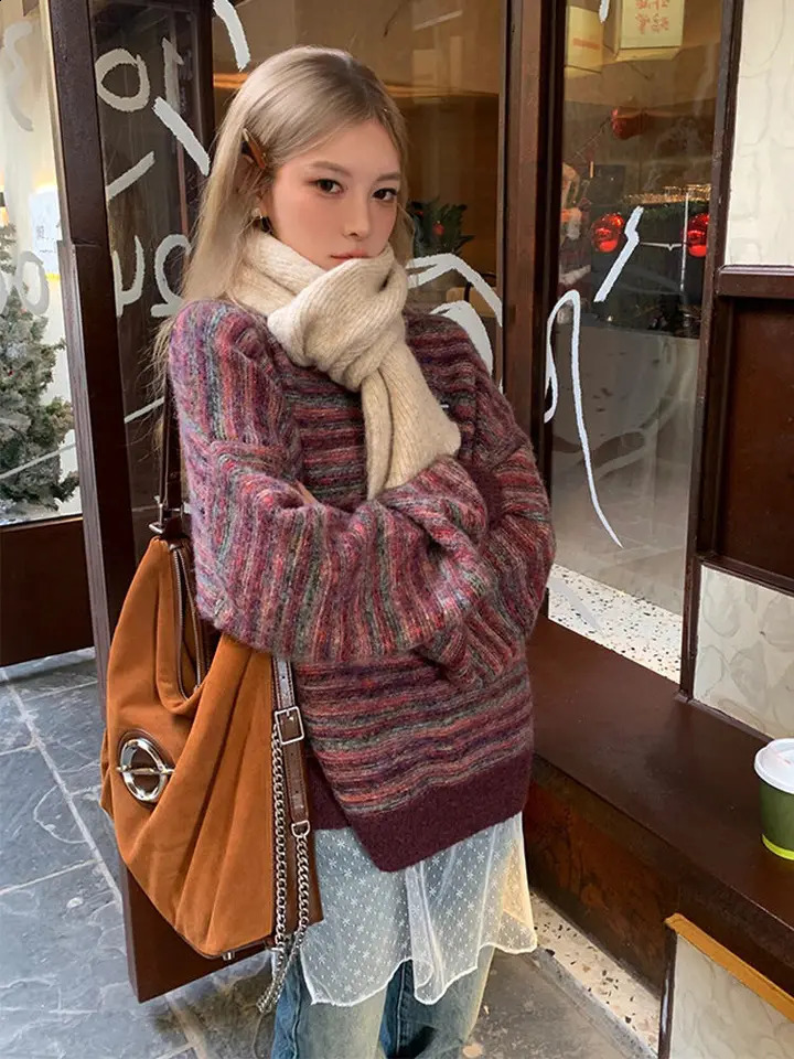 American Retro Striped O Neck Sweater Women Winter Y2k Knitwear Loose Fit Sweater Pullover LongSleeve Oversized Tops Streetwear 251023