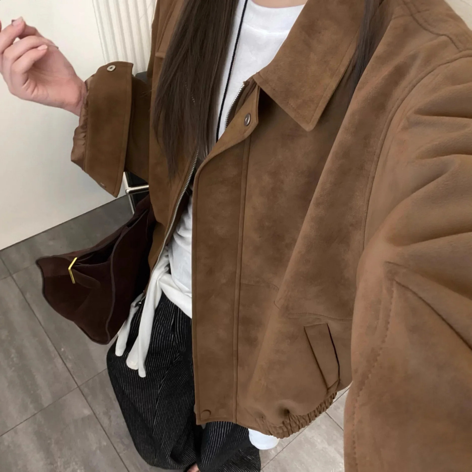 Retro American Suede Jacket Womens Loose Lapel MidLength Casual Spring Autumn Fashionable Top Full Sleeve Origin China 251013