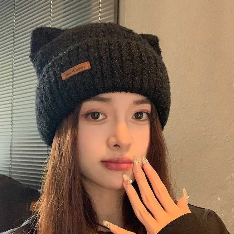 Thicker Ear Protection Soft Street Beanie Hat Wan Bonnet Solid Color Warmth Hat Winter Cute Cat Ear Earflap Knitted HatW251023