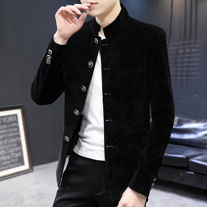 Mens coat with fleece and thickened autumn winter Koreanstyle Zhongshan suit young trendy cool standup collar 251023