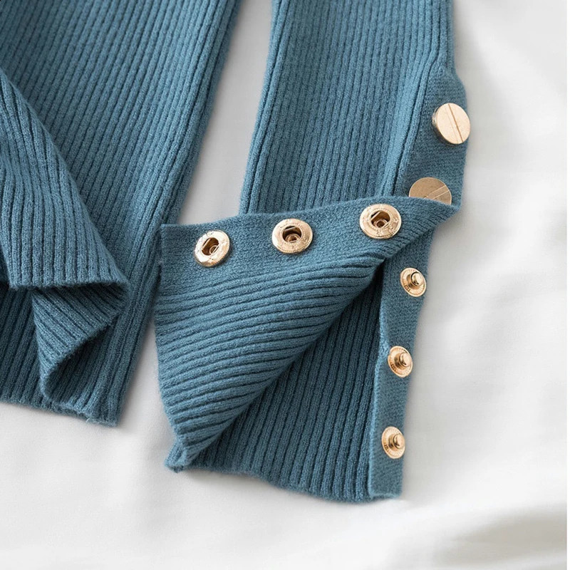 2025 autumn winter women thick sweater pullovers long sleeve button Turtleneck chic Sweater Female Slim knit soft jumper tops 251016