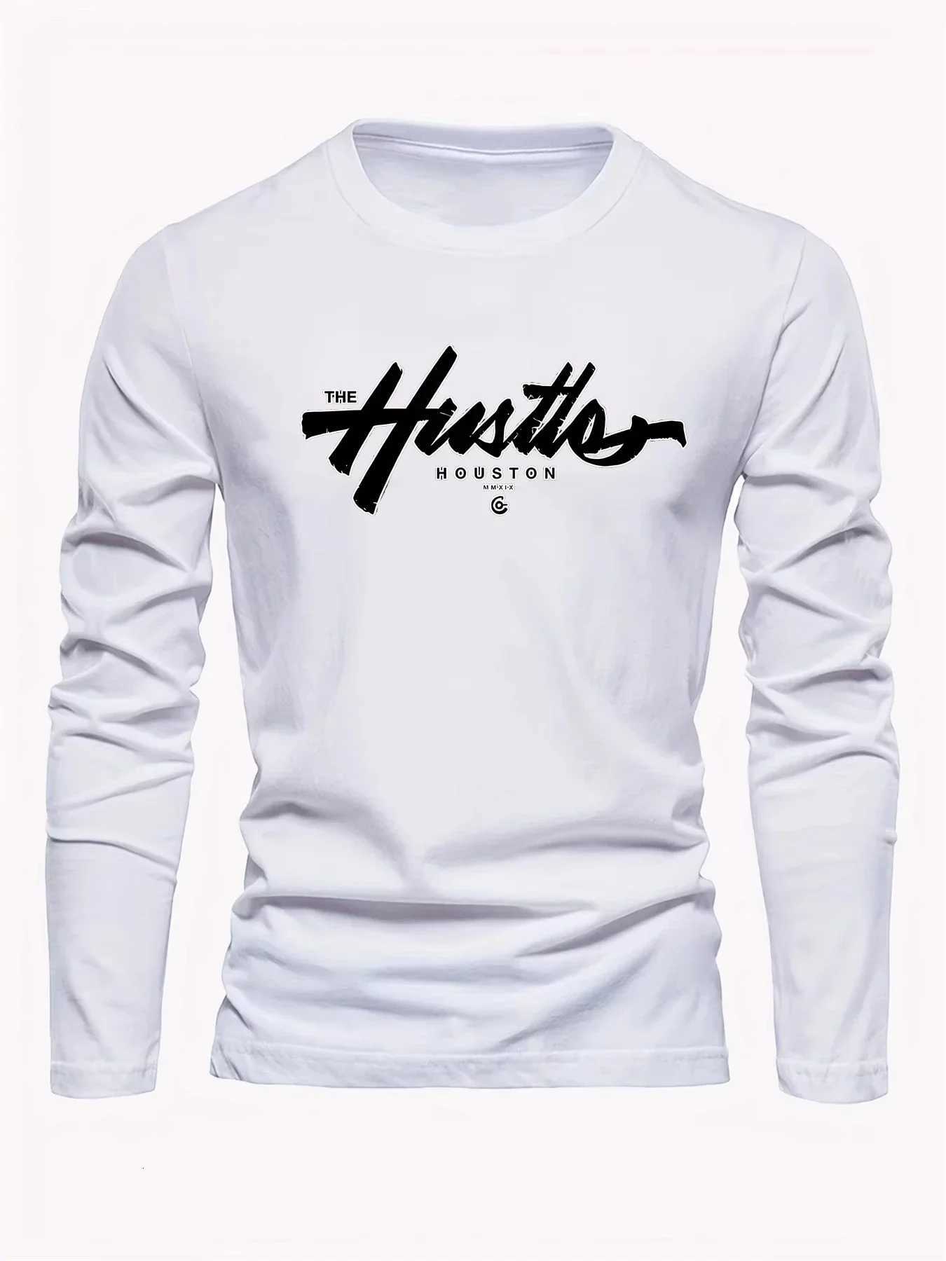 2025 Mens Spring and Autumn 100 Cotton Comfortable Casual Houston Letter Pattern Printed Round Neck Long Sleeve Tshirt TopXJ251023