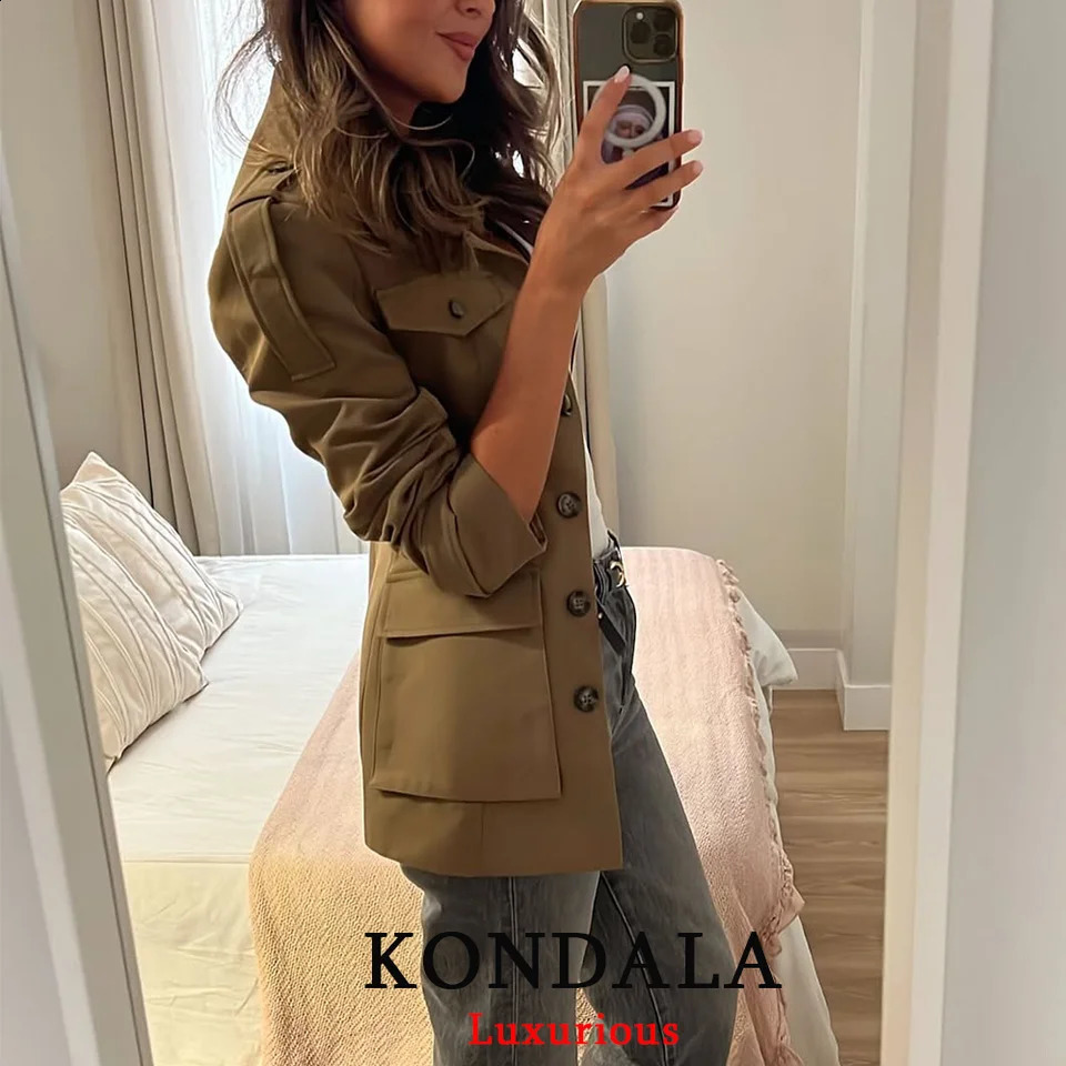KONDALA Office Lady Trench Jackets Women Long Sleeve Buttons Pockets Chic Khaki Coats Fashion Slim Straight Fall Outwears 251013