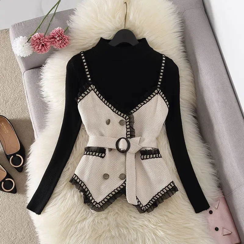Arrival TwoPiece Set Summer Elegant Versatile Crop Top Sweater Trendy Belted Polyester Long Sleeve Casual Outfit 251022