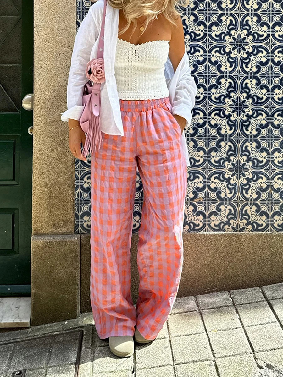 Women Fashion Pink Plaid Print Casual Slim Straight Pants Female Chic Zipper Fly Long Length Trousers Mujer 251016