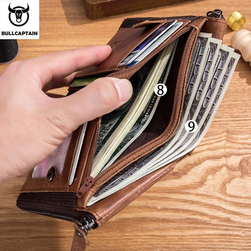 BULLCAPTAIN retro leather mens wallet leather zipper buckle short money wallet card holder coin purse RFID wallet QB06251023